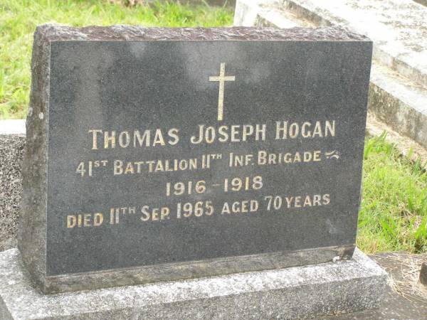 Thomas Joseph HOGAN,  | born 1916,  | died 11 Sept 1965 aged 70 years;  | Murwillumbah Catholic Cemetery, New South Wales  | 