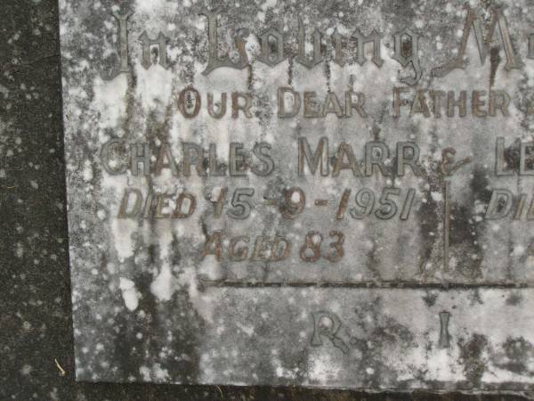 Charles MARR,  | father,  | died 15-9-1951 aged 83 years;  | Letitia MARR,  | mother,  | died 22-9-1970 aged 90 years;  | Murwillumbah Catholic Cemetery, New South Wales  | 