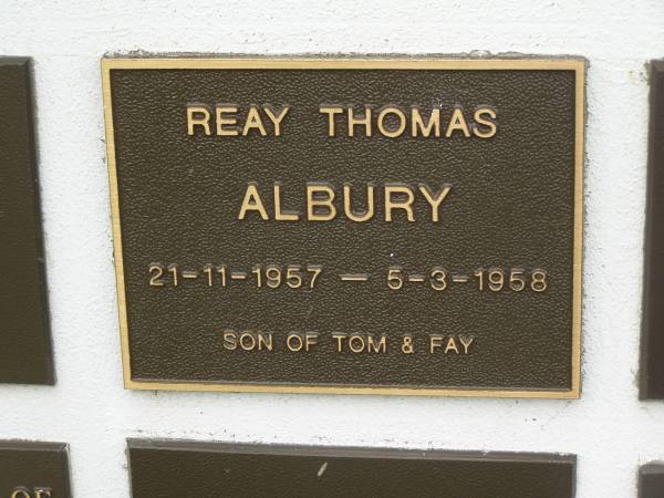 Reay Thomas ALBURY,  | 21-11-1957 - 5-3-1958,  | son of Tom & Fay;  | Murwillumbah Catholic Cemetery, New South Wales  | 