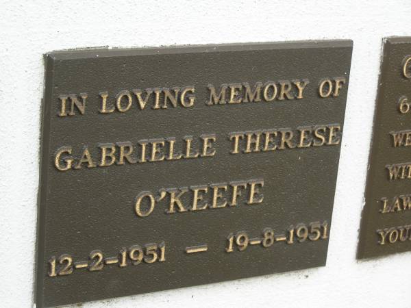Gabrielle Therese O'KEEFE,  | 12-2-1951 - 19-8-1951;  | Murwillumbah Catholic Cemetery, New South Wales  | 