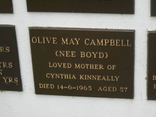 Olive May CAMPBELL (nee BOYD),  | mother of Cynthia KINNEALLY,  | died 14-6-1965 aged 57 years;  | Murwillumbah Catholic Cemetery, New South Wales  | 