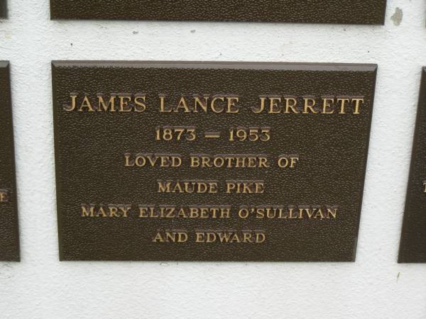 James Lance JERRETT,  | 1873 - 1953,  | brother of Maude PIKE, Mary Elizabeth O'SULLIVAN & Edward;  | Murwillumbah Catholic Cemetery, New South Wales  | 