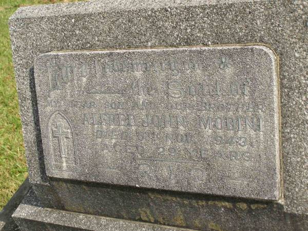 Alfred John MODINI,  | son brother,  | died 6 Nov 1943 aged 29 years;  | Murwillumbah Catholic Cemetery, New South Wales  | 