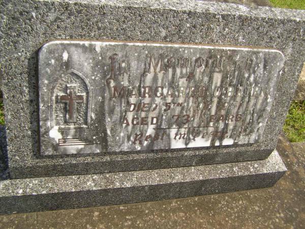 Margaret O'BRIEN,  | died 5 Nov 1951 aged 73 years;  | Murwillumbah Catholic Cemetery, New South Wales  | 