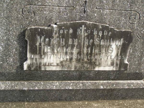 Emma MILLS,  | died 17 July 1950 aged 81 years;  | Murwillumbah Catholic Cemetery, New South Wales  | 