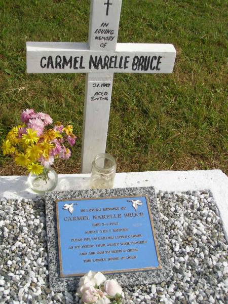 Carmel Narelle BRUCE,  | died 3-1-1942 aged 5 years 7 months;  | Murwillumbah Catholic Cemetery, New South Wales  | 