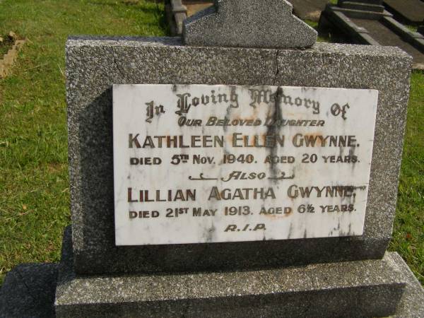 Kathleen Ellen GWYNNE,  | daughter,  | died 5 Nov 1940 aged 20 years;  | Lillian Agatha GWYNNE,  | died 21 May 1913 aged 6 1/2 years;  | father;  | mother;  | Murwillumbah Catholic Cemetery, New South Wales  | 