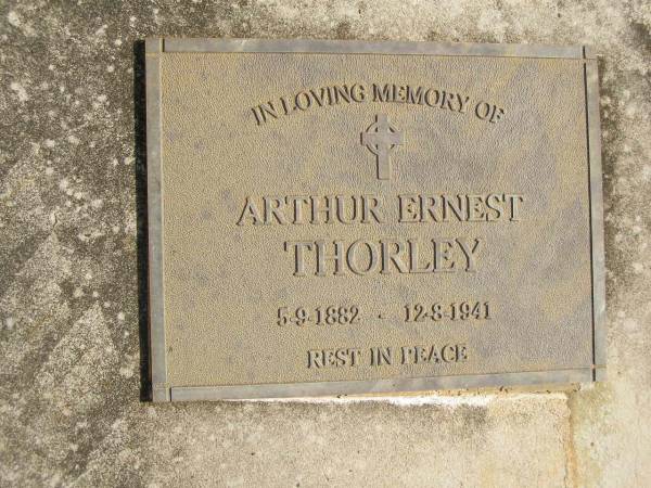 Arthur Ernest THORLEY,  | 5-9-1882 - 12-8-1941;  | Cecilia Mary THORLEY,  | 18-4-1925 - 30-12-1939;  | Mary Alice THORLEY,  | 28-1-1887 - 11-9-1968;  | Murwillumbah Catholic Cemetery, New South Wales  | 
