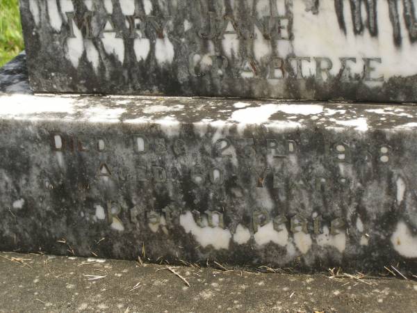 Mary Jane CRABTREE,  | mother,  | died 23 Dec 1938 aged 60 years;  | Murwillumbah Catholic Cemetery, New South Wales  | 