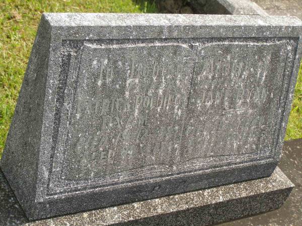 Patrick Polding RYAN,  | died 19-12-1937 aged 89 years;  | Jane RYAN,  | died 29-4-1948 aged 89 years;  | Murwillumbah Catholic Cemetery, New South Wales  | 