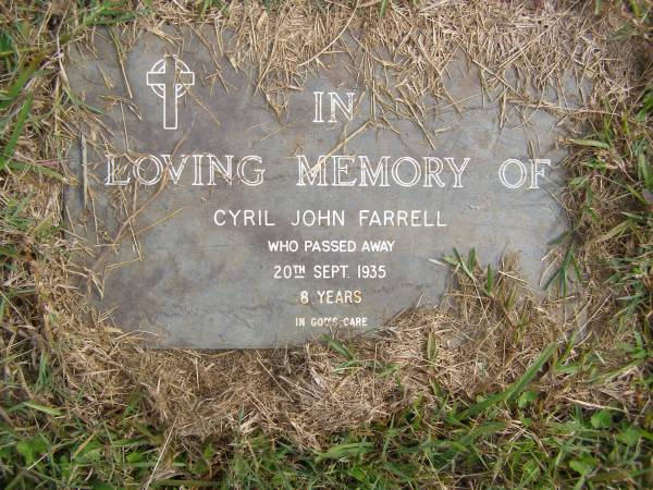 Cyril John FARRELL,  | died 20 Sept 1935 aged 8 years;  | Murwillumbah Catholic Cemetery, New South Wales  | 