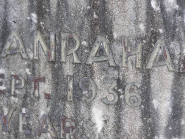 Jeremiah HANRAHAN,  | died 9 Sept 1936 aged 69 years;  | Murwillumbah Catholic Cemetery, New South Wales  | 