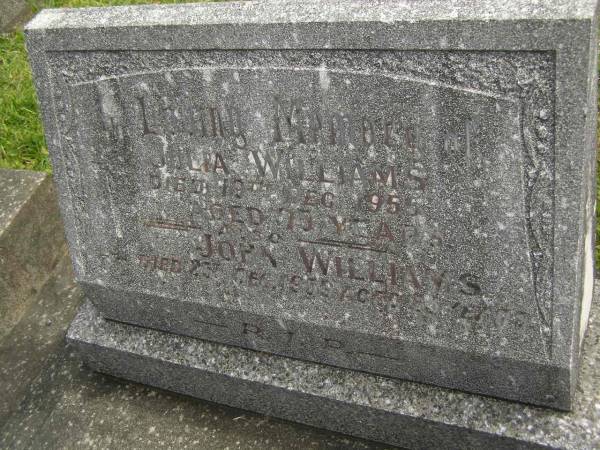 Julia WILLIAMS,  | died 19 Dec 1955 aged 75 years;  | John WILLIAMS,  | died 25 Dec 2959 aged 85 years;  | Murwillumbah Catholic Cemetery, New South Wales  | 