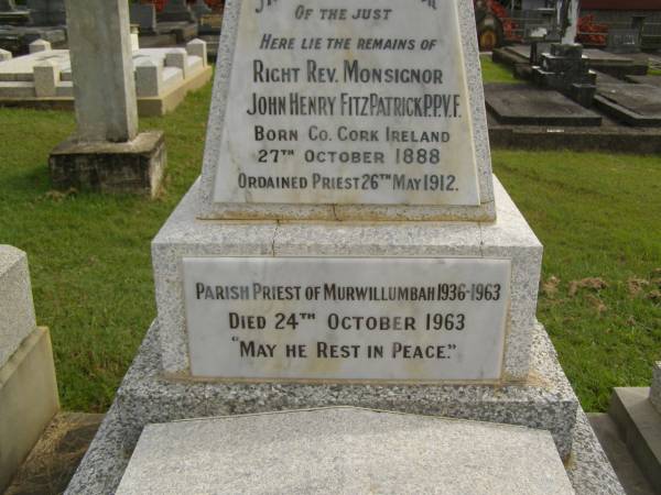 John Henry FITZPATRICK,  | born Co Cork Ireland 27 Oct 1888,  | died 24 Oct 1963;  | Murwillumbah Catholic Cemetery, New South Wales  | 