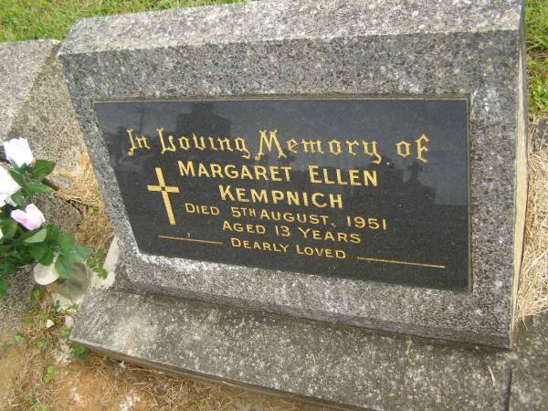 Margaret Ellen KEMPNICH,  | died 5 Aug 1951 aged 13 years;  | Murwillumbah Catholic Cemetery, New South Wales  | 