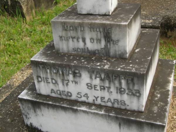 Thomas TAAFFE,  | died 17 Sept 1933 aged 54 years;  | Murwillumbah Catholic Cemetery, New South Wales  | 