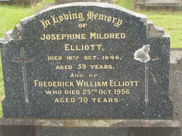 Josephine Mildred ELLIOTT,  | died 16 Oct 1946 aged 59 years;  | Frederick William ELLIOTT,  | died 25 Oct 1956 aged 70 years;  | Murwillumbah Catholic Cemetery, New South Wales  | 