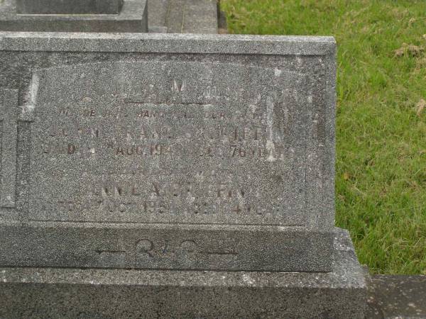 John Francis GRIFFIN,  | husband father,  | died 25? Aug 1948 aged 76 years;  | Annie A. GRIFFIN,  | mother,  | died 4 Oct 1954 aged 74 years;  | Murwillumbah Catholic Cemetery, New South Wales  | 