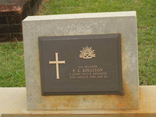F.C. KINGSTON,  | died 13 Aug 1956 aged 65 years;  | Murwillumbah Catholic Cemetery, New South Wales  | 