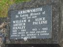 
William Arthur Stanley ARROWSMITH,
dad,
1909 - 1980;
Alice Pauline ARROWSMITH,
mum,
1913 - 1993;
children Joy (decd), Bill, Beverley & Katrina;
Murwillumbah Catholic Cemetery, New South Wales
