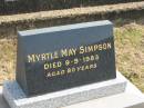 Myrtle May SIMPSON,
died 9-9-1983 aged 80 years;
Murwillumbah Catholic Cemetery, New South Wales