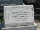Martha STEPHENS,
mother,
died 8-12-1974 aged 67 years;
Murwillumbah Catholic Cemetery, New South Wales