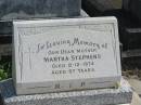 
Martha STEPHENS,
mother,
died 8-12-1974 aged 67 years;
Murwillumbah Catholic Cemetery, New South Wales
