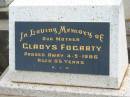 Gladys FOGARTY, mother, died 4-9-1986 aged 95 years; Murwillumbah Catholic Cemetery, New South Wales 