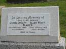 
Daniel Joseph MAHER,
died 15 July 1956 aged 80 years;
Ellen Mary MAHER,
died 7 Jan 1975 aged 100 years;
parents;
Murwillumbah Catholic Cemetery, New South Wales
