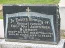 Emily May SCHMIDT,
mother,
died 9 Dec 1957 aged 60 years;
James Hugh SCHMIDT,
father,
died 25 Sept 1964 aged 73 years;
Murwillumbah Catholic Cemetery, New South Wales