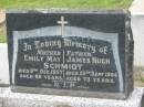 
Emily May SCHMIDT,
mother,
died 9 Dec 1957 aged 60 years;
James Hugh SCHMIDT,
father,
died 25 Sept 1964 aged 73 years;
Murwillumbah Catholic Cemetery, New South Wales
