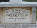 
Mary Elizabeth OSULLIVAN,
mother,
died 8 May 1952 aged 89 years;
Murwillumbah Catholic Cemetery, New South Wales
