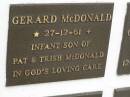 
Gerard MCDONALD,
died 27-12-61,
infant son of Pat & Trish MCDONALD;
Murwillumbah Catholic Cemetery, New South Wales
