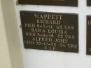 
Richard WAPPETT,
died 9-2-41 aged 65 years;
Sarah Louisa WAPPETT,
died 5-11-48 aged 73 years;
Alfred John WAPPETT,
died 20-12-55 aged 56 years;
Murwillumbah Catholic Cemetery, New South Wales
