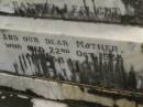Elizabeth,
wife of Samuel LESLIGHT,
mother,
died 22 Oct 1933 aged 58 years;
Murwillumbah Catholic Cemetery, New South Wales