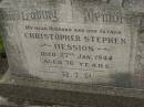 
Christopher Stephen HESSION,
husband father,
died 27 Jan 1944 aged 76 years;
Isabella Maud HESSION,
mother,
died 28 Feb 1964 aged 92 years;
Elsie Norah HESSION,
daughter of Steve & Bella HESSION,
died 29 Sept 1912 aged 20 years;
Murwillumbah Catholic Cemetery, New South Wales
