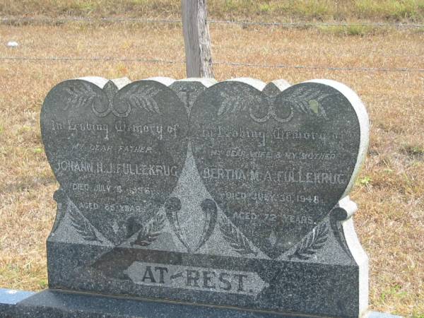 Johann H J FULLEKRUG  | 5 Jul 1956 ?  | 86 yrs ?  |   | Bertha M A FULLEKRUG  | 30 Jul 1948  | 72 yrs  |   | Mutdapilly general cemetery, Boonah Shire  | 