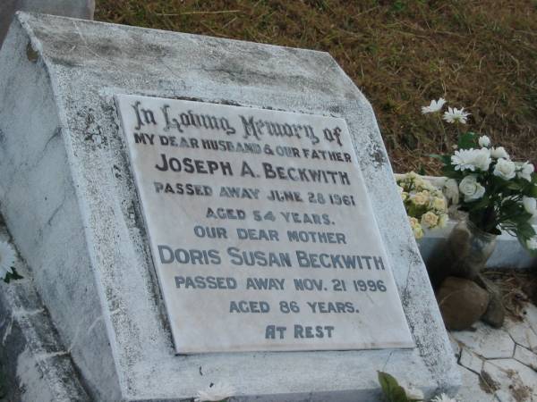 Joseph A BECKWITH  | 28 Jun 1961  | 54 yrs  |   | wife  | Doris Susan BECKWITH  | 21 Nov 1996  | 86 yrs  |   | Mutdapilly general cemetery, Boonah Shire  |   | 