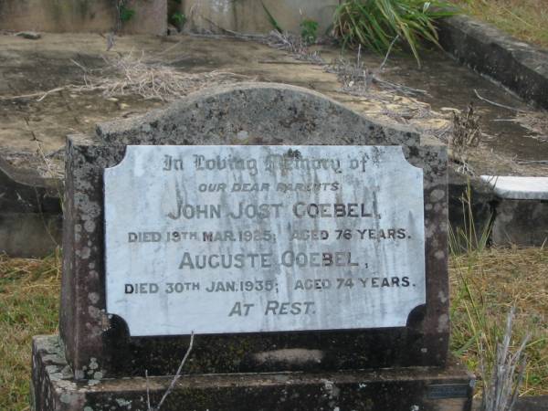John Jost GOEBEL  | 19 Mar 1925  | 76 yrs  |   | Auguste GOEBEL  | 30 Jan 1935  | 74 yrs  |   | Mutdapilly general cemetery, Boonah Shire  | 