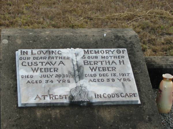 Gustav A WEBER  | Jul 20 1915  | 34  |   | Bertha H WEBER  | Dec 13 1917  | 39 yrs  |   | Mutdapilly general cemetery, Boonah Shire  | 