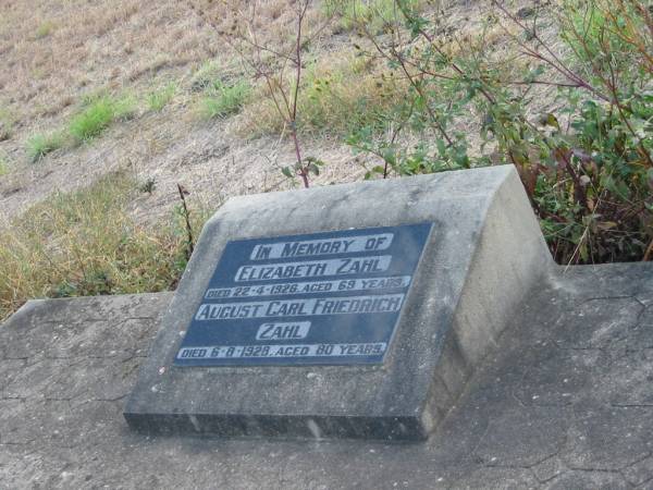 Elizabeth ZAHL  | 22-4-1926  | 69 yrs  |   | August Carl Friedrich ZAHL  | 6-8-1928  | 80 yrs  |   | Mutdapilly general cemetery, Boonah Shire  | 