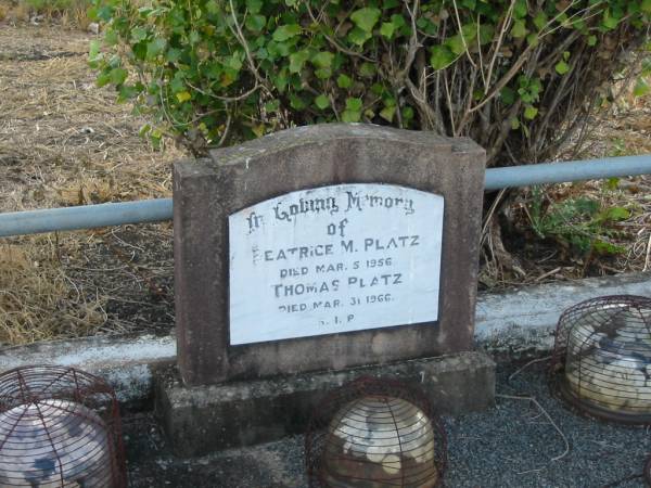 Beatrice M PLATZ  | Mar 5 1956  |   | Thomas PLATZ  | Mar 31 1966  |   | Mutdapilly general cemetery, Boonah Shire  | 