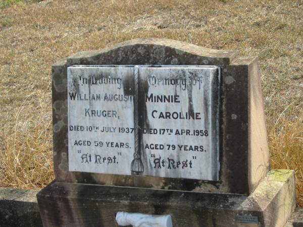William August KRUGER  | 10 Jul 1937  | 59 yrs  |   | Minnie Caroline  | 17 Apr 1958  | 79 yrs  |   | Mutdapilly general cemetery, Boonah Shire  | 