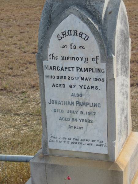 Margaret PAMPLING  | 25 May 1908  | 67 yrs  |   | Jonathan PAMPLING  | 9 Jul 1917  | 84 yrs  |   | Mutdapilly general cemetery, Boonah Shire  | 