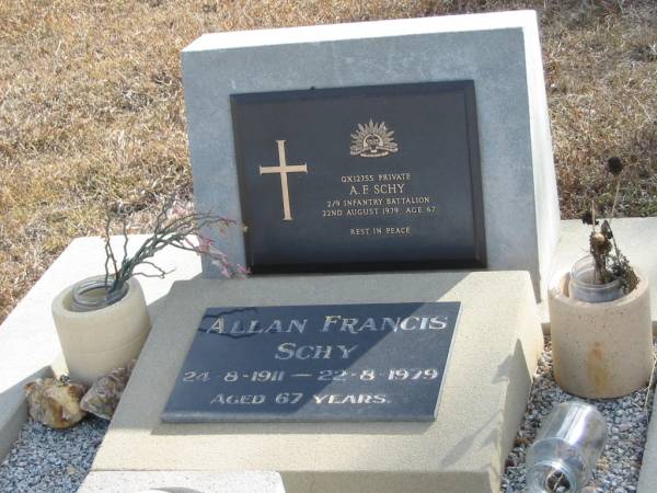 Allan Francis SCHY  | B: 24-8-1911  | D: 22-8-1979  | 67 yrs  |   | Mutdapilly general cemetery, Boonah Shire  | 