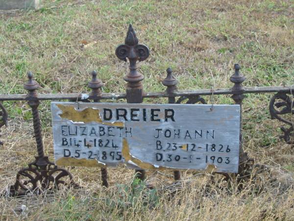 DREIER  | Elizabeth  | B: 14-4-1824  | D:  5-2-1895  |   | Johann  | B: 23-12-1826  | D: 30-1-1903  |   | Mutdapilly general cemetery, Boonah Shire  | 