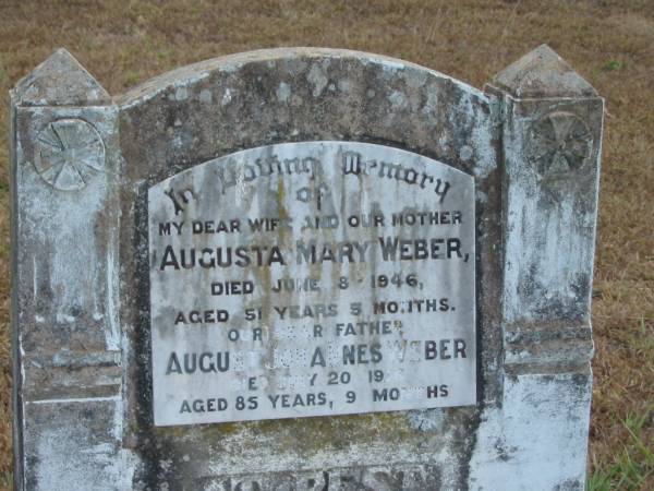 Augusta Mary WEBER  | June 8 1946  | aged 51 yrs 5 months  | wife  |   | August Johannes WEBER  | Jul 20 1976  | aged 85 yrs 9 months  |   | Mutdapilly general cemetery, Boonah Shire  | 