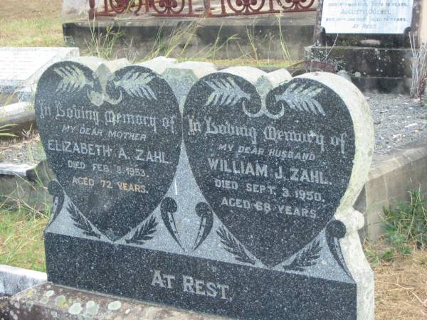 Elizabeth A ZAHN  | Feb 8 1953  | 72 yrs  |   | William J ZAHL  | Sep 3 1950  | 68 yrs  |   | Mutdapilly general cemetery, Boonah Shire  | 