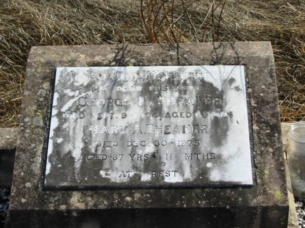 George H THEAKER  | 9 Sep 1954  | aged 69  |   | Mary A THEAKER  | 30 Dec 1975  | aged 87 yrs 11 mths  |   | Mutdapilly general cemetery, Boonah Shire  | 