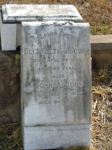 Elizabeth ALCORN  | 17 Apr 1892  | 42 yrs  |   | John ALCORN  | 19 Sep 1917  | 84 yrs  |   | Mutdapilly general cemetery, Boonah Shire  | 